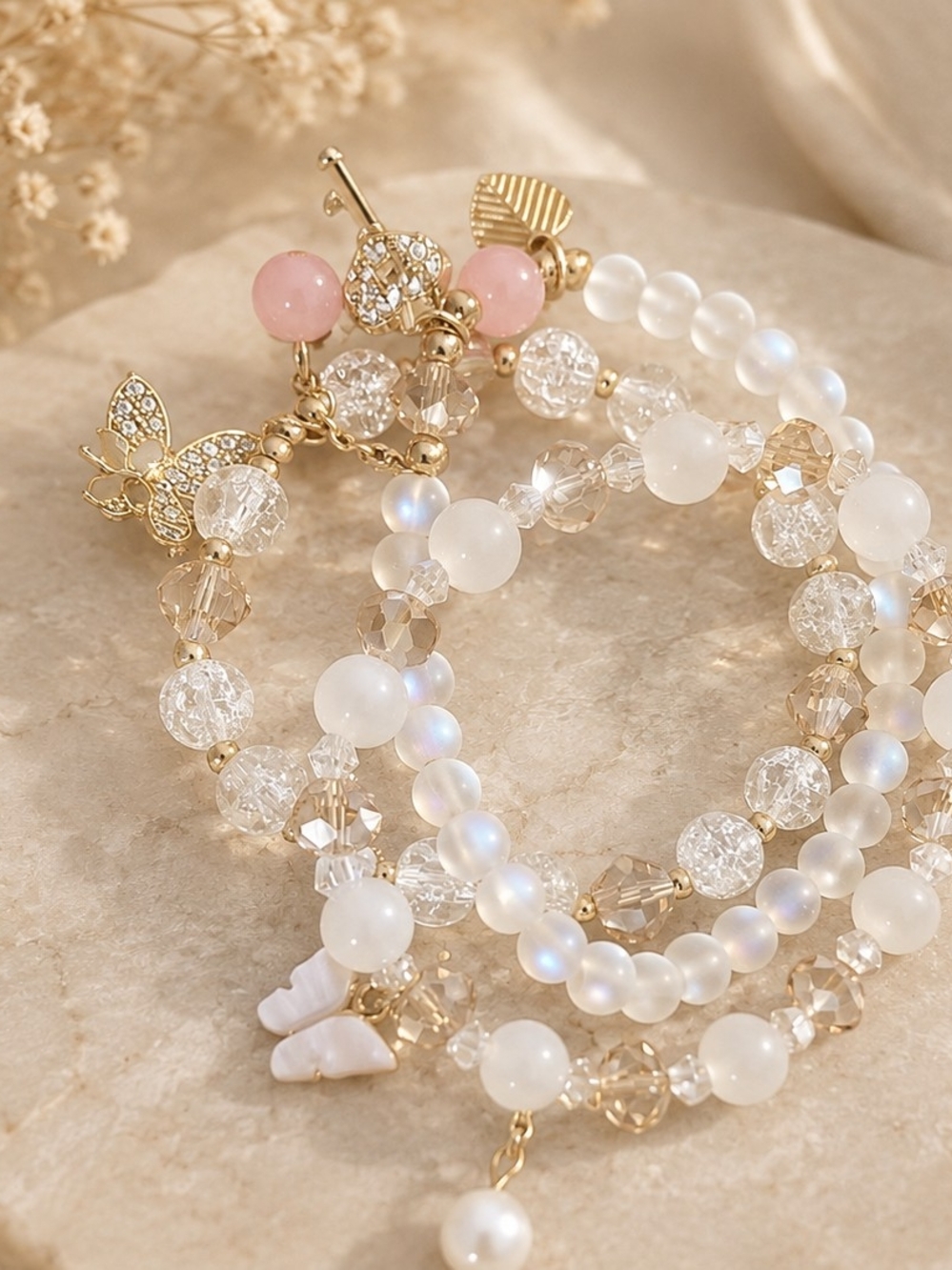 Three Delicate White & Pink Beaded Bracelet Set